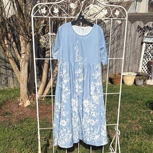 Light Blue Floral Maxi Dress with White Print - Women
